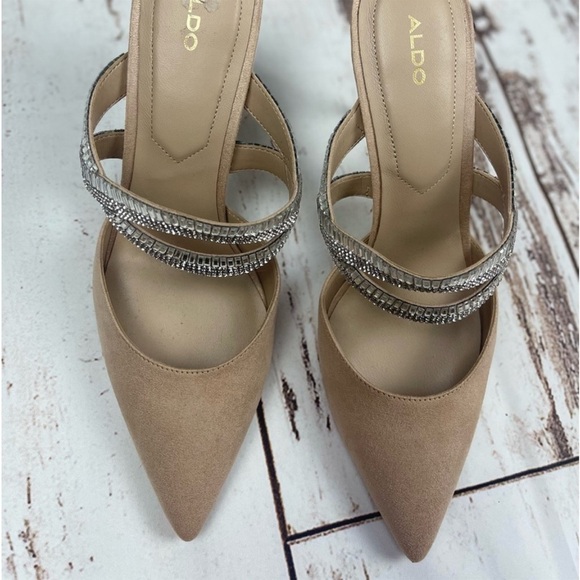 Classy Rhinestone Strap Suede Heel Pointed Toe Mules Aldo Noawia - Picture 8 of 14